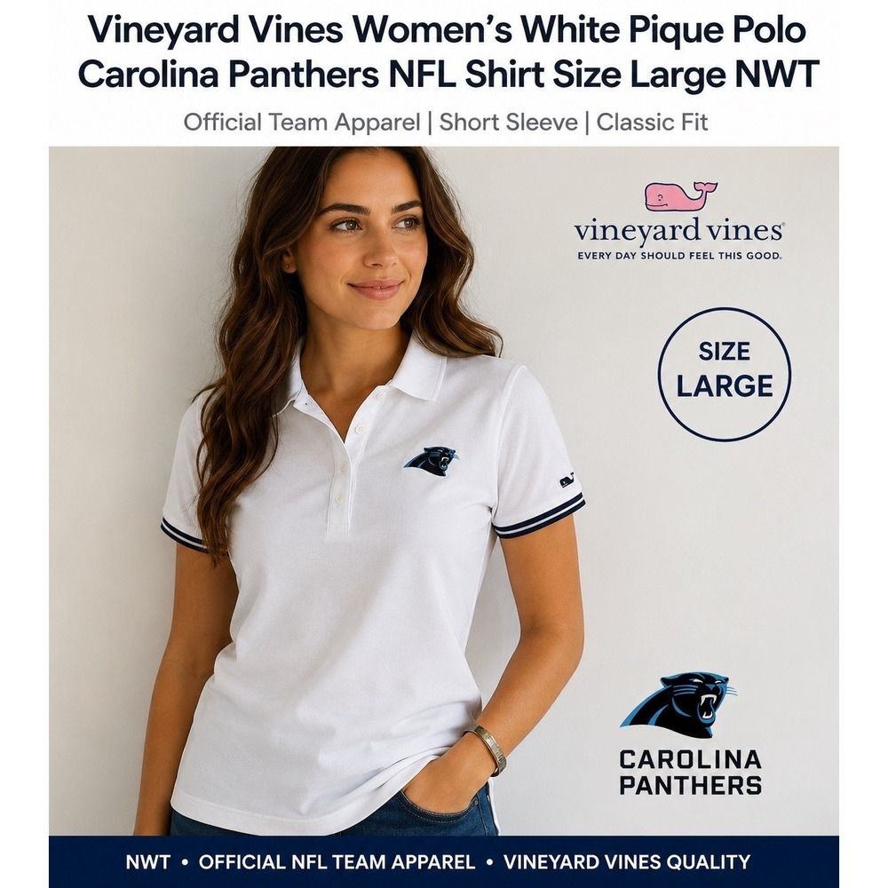 Vineyard Vines NFL Carolina Panthers Women's White Pique Polo Shirt Size L- NWT